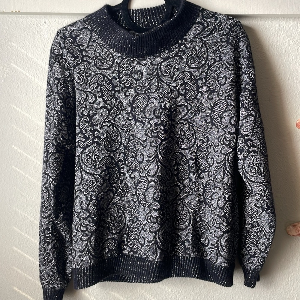 Vintage Cliche black silver mock neck long sleeve floral sweater